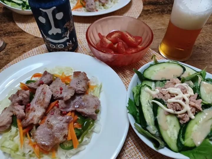 甘酢蒸し野菜の上に塩焼き豚肩ロース|ぱいんてーるさん