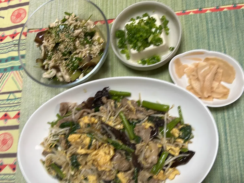 きくらげ卵炒め、なすとささみのポン酢和え、冷奴、新生姜甘酢漬け|peanutsさん