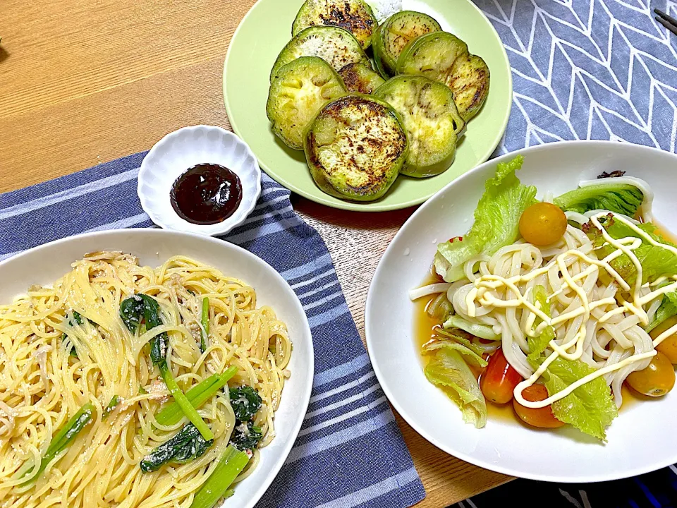 明太子パスタ🍝、サラダうどん🥗、焼き緑ナス🍆|1614さん