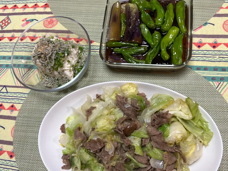 Snapdishの料理写真:牛肉とレタスのにんにく醤油炒め、なすとししとうの揚げ浸し、じゃこのせ冷奴|peanutsさん