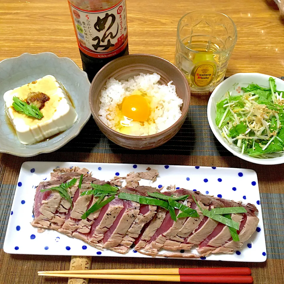 2022/07/26 カツオタタキ、めんみで卵かけご飯、姜葱醬冷奴|kykyさん