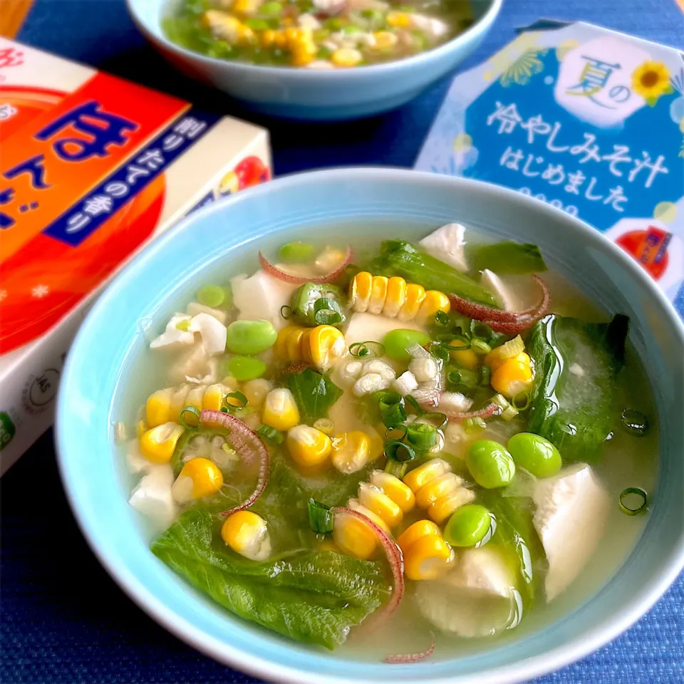 夏野菜と豆腐の冷やしみそ汁|むぎこさん