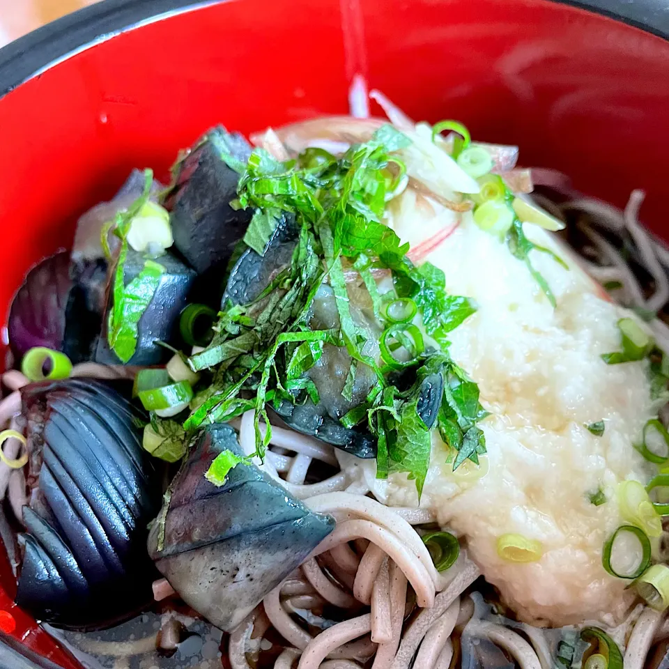 まだまだ続く...今日も農家メシ👩‍🌾　　ナス編　　ナスの揚げ浸しととろろのぶっかけ蕎麦|Yu Yu mamaさん