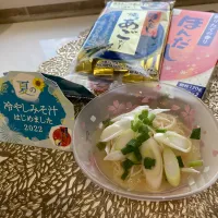 Snapdishの料理写真:冷やし味噌汁始めましたー♪ネギネギ尽くし!|みーみさん