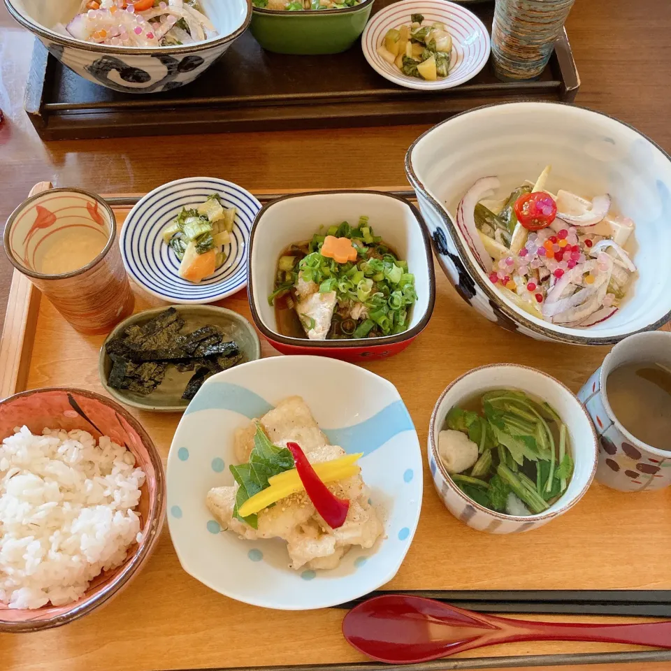 Snapdishの料理写真:アスパラとピーマンの焼き浸し豆腐サラダ鶏肉の葱まみれみぞれポン酢　　　　　　　ブリと山芋の天ぷら🥢|ちゃみこさん