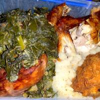 Roasted chicken collar greens fried chicken with mashed potatoes