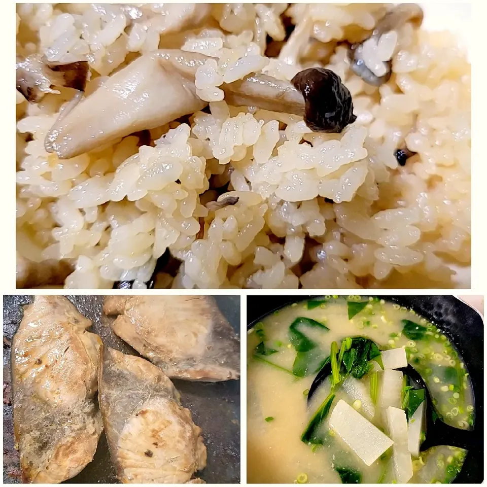 しめじの炊き込みご飯、ブリの照り焼き、大根と青菜のお味噌汁|あーやさん