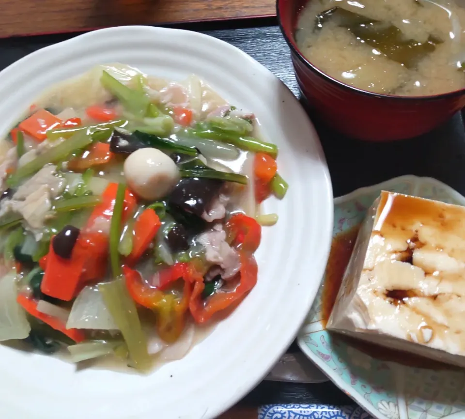 八宝菜
水茄子と小松菜と豆苗と生わかめみそ汁
冷奴|たつかばさん