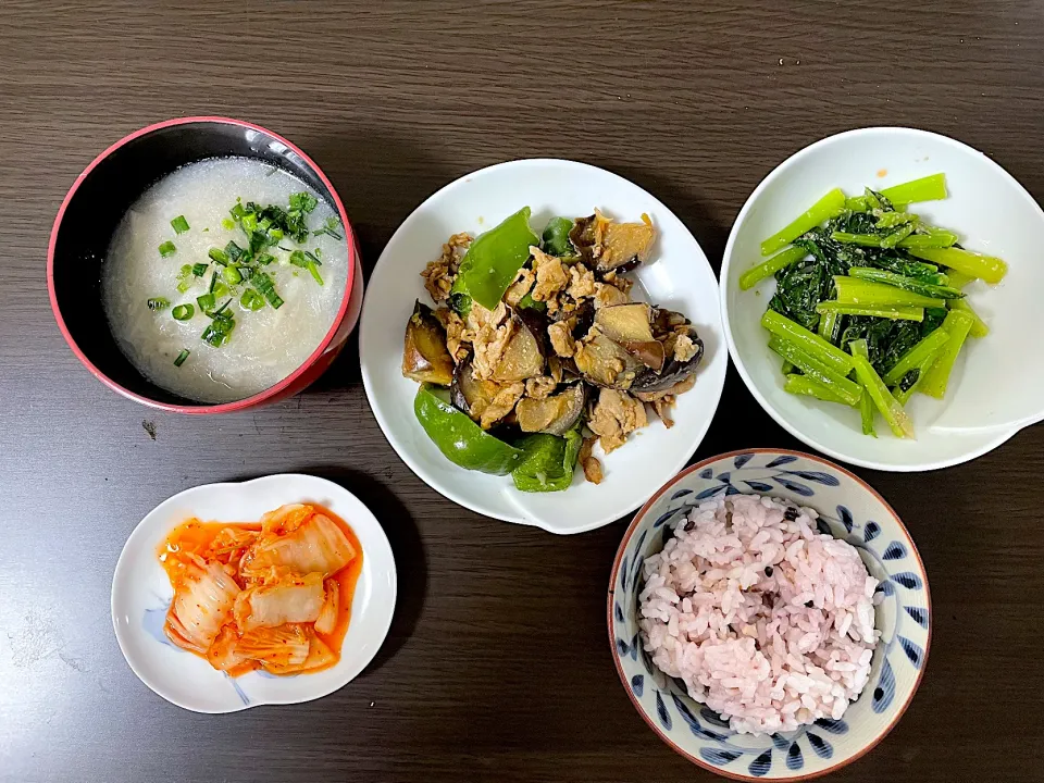 豚茄子ピーマンの味噌炒め、小松菜のナムル、れんこんスープ|aaaさん