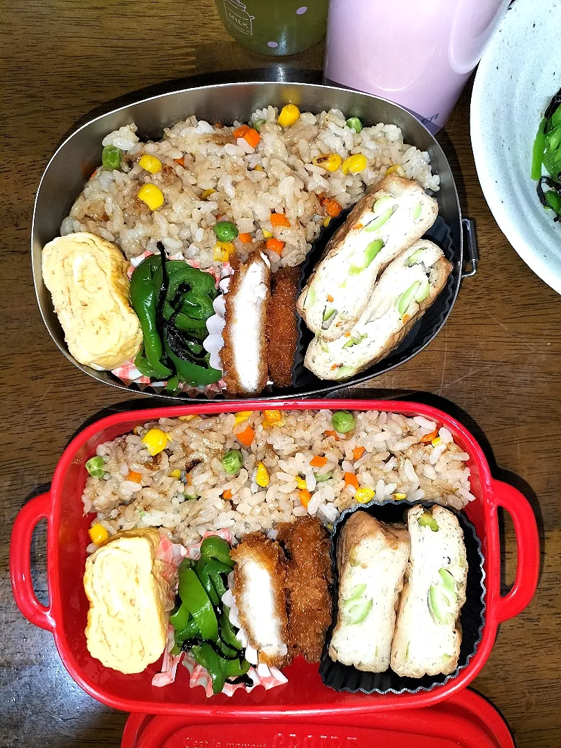 私弁当　旦那弁当🍱
　焼き飯　枝豆がんも😄|miimiさん