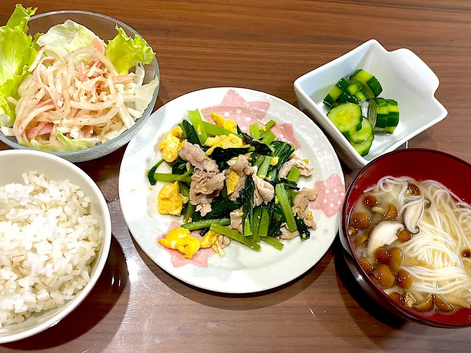 Snapdishの料理写真:小松菜と豚肉の炒め物　きのこの煮麺　ピリ辛きゅうり　大根とハムのサラダ|おさむん17さん