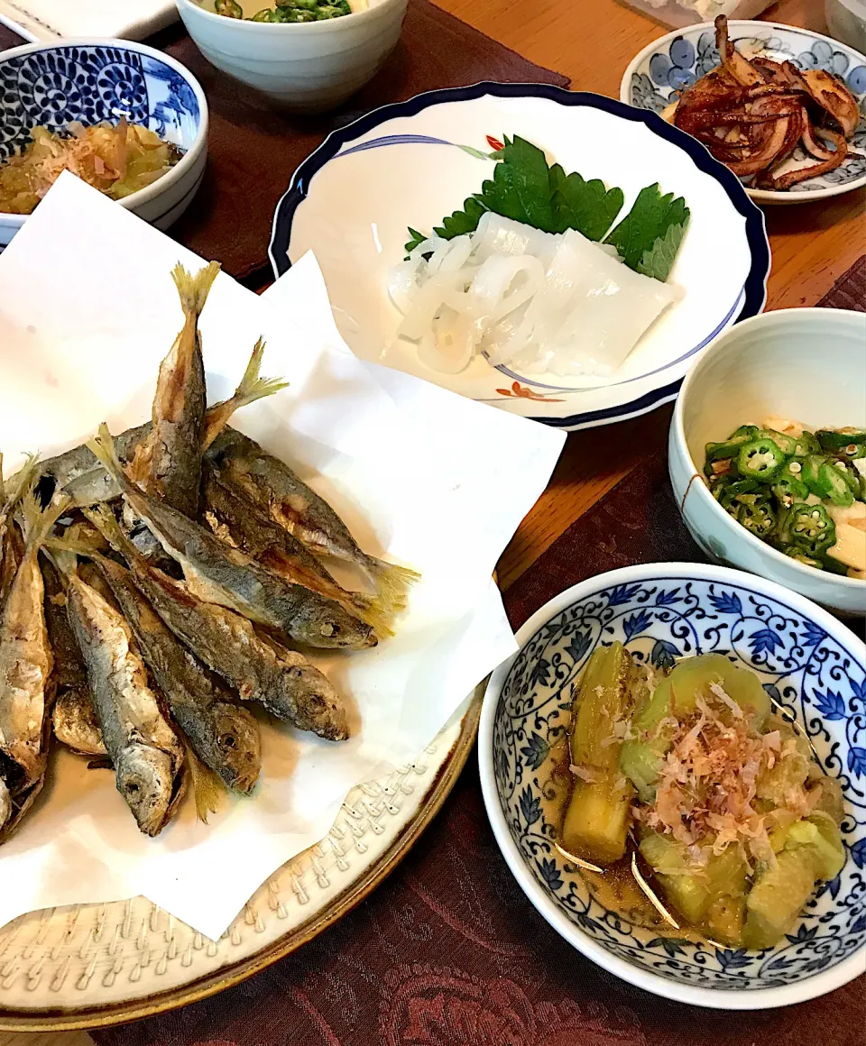 豆アジの唐揚げ、茄子の翡翠揚げ、赤いか刺身、オクラと山芋ポン酢|sobacoさん