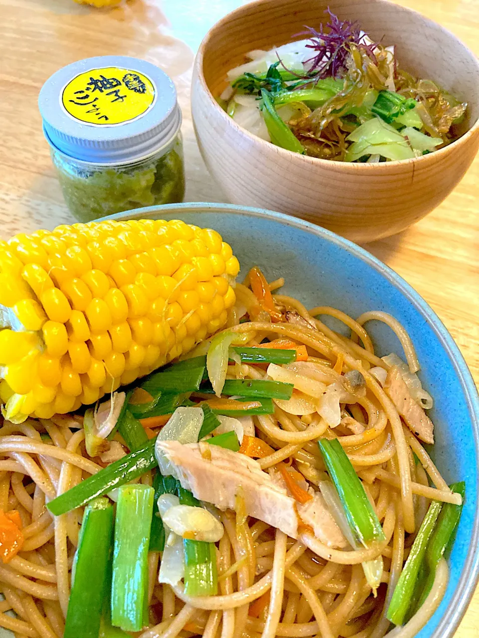 全粒粉パスタでとスパイス21で代わりパスタ😻海藻と青梗菜のサラダ〜柚子胡椒で。|さくたえさん