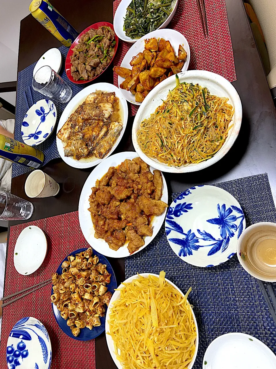 中華(酢豚・太刀魚の煮物・春雨と胡瓜乾豆腐の辛酢の物・炒糸ポテト・空芯菜炒め・豚ハツ血管の漢方煮)|まゆさんさん