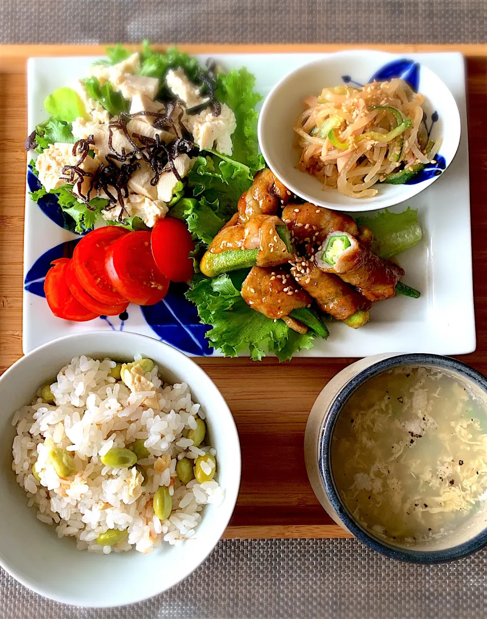 Snapdishの料理写真:オクラの肉巻き定食|ともえ☆さん