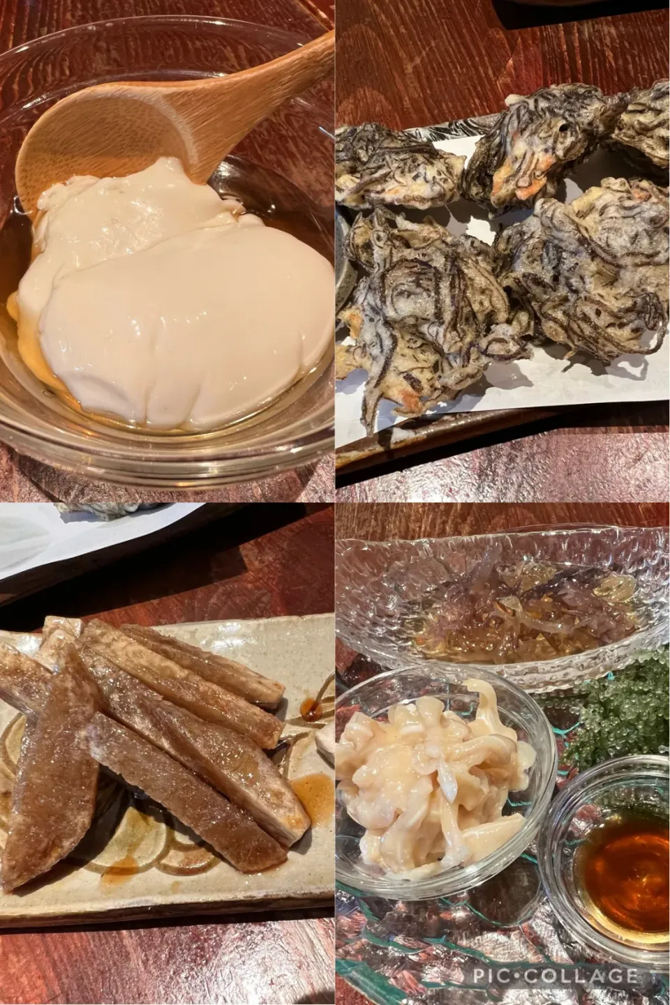 Snapdishの料理写真:沖縄料理はここ@三軒茶屋　沖縄料理　我如古。スーナの酢の物、ミミガー酢味噌和え、ジーマミー豆腐、もずくの天麩羅、田芋のから揚げ。美味しくいただきました。|sniper66さん