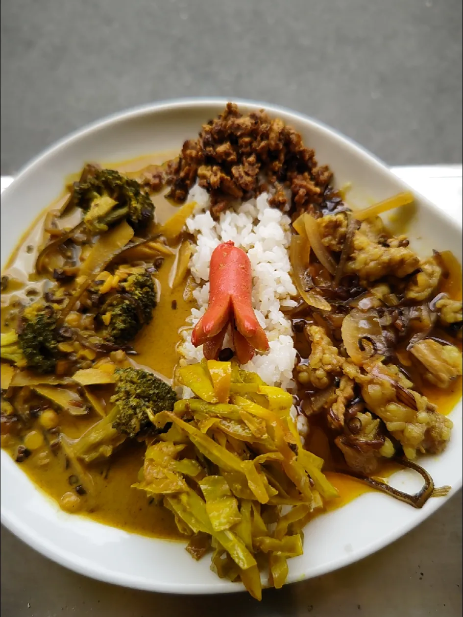 牛ホルモンカレー＋ブロッコリーとごぼうのミックスダルカレーのあいがけカレーwithタコさんウインナー🐙|ふじわらたくやさん