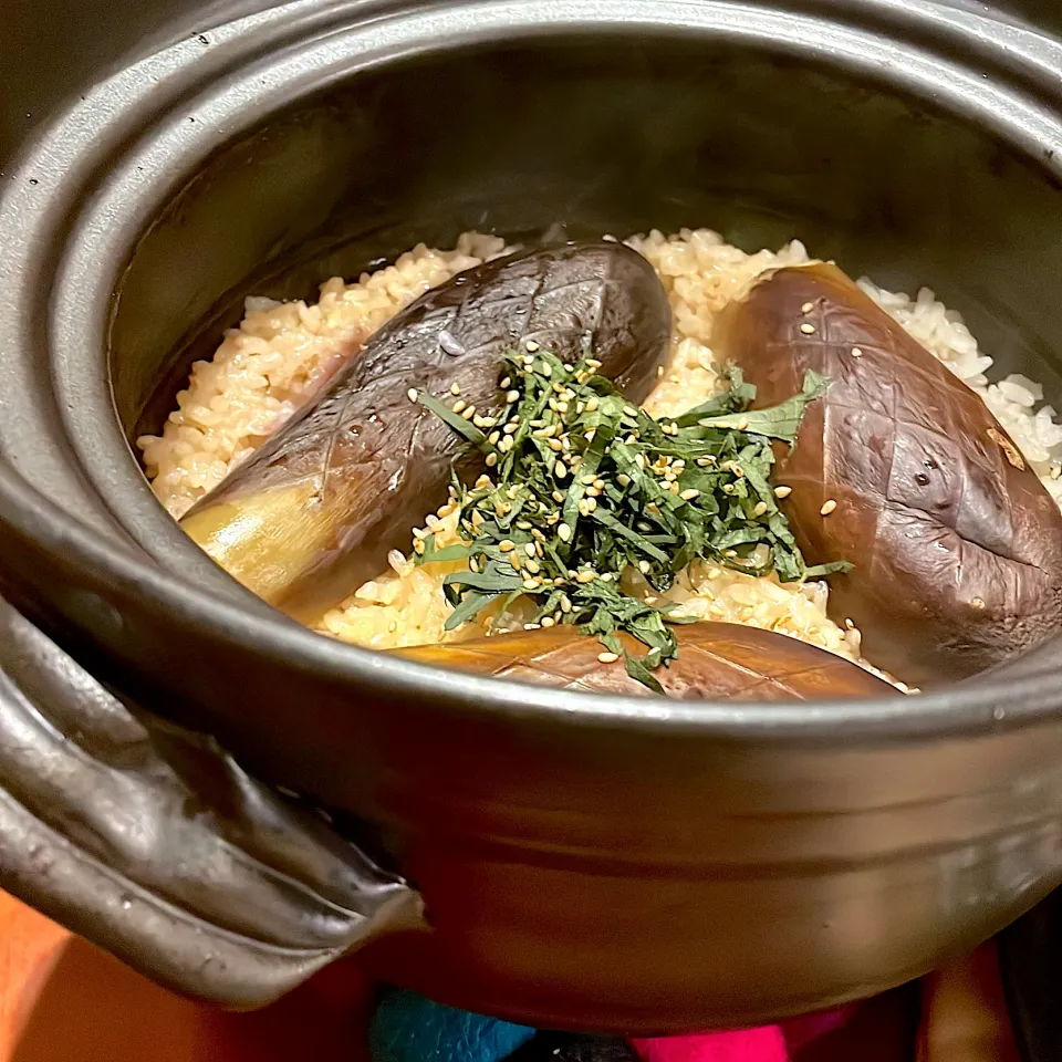 茄子の土鍋炊き込みごはん🍆　　　　　　　　　　　茄子がとろっとろ💓|mokoさん