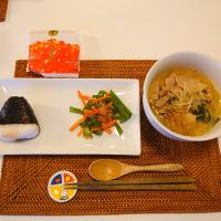 今日の夕食　SDモニター☆甘酒使用の担々スープ、ローソンのおにぎり、ピーマンきんぴら