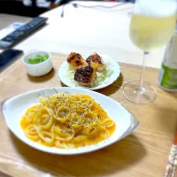 Snapdishの料理写真:ウニパスタと味噌チキン|showさん