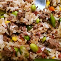 Snapdishの料理写真:Grass fed beef, mixed rice, mixed veggies with coconut aminos|Ashさん