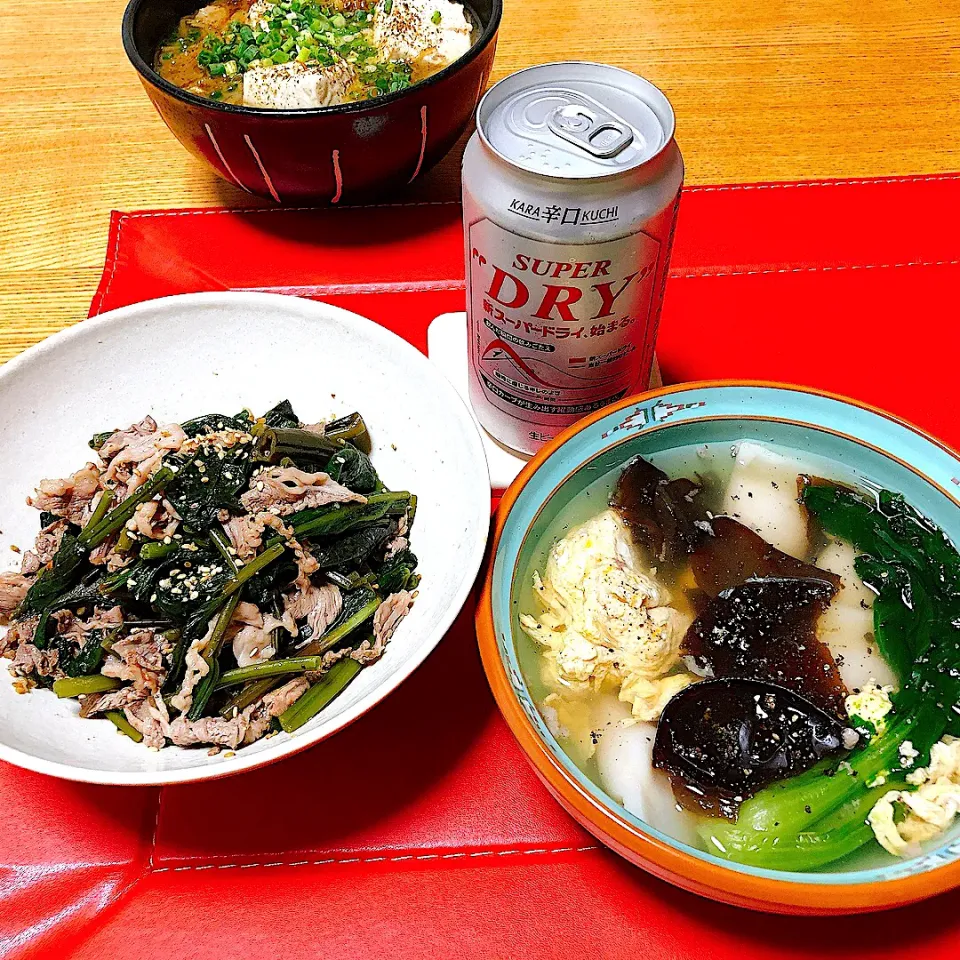 空芯菜と牛肉の中華和え
ミニ青梗菜、きくらげ、玉子のスープ|naoさん