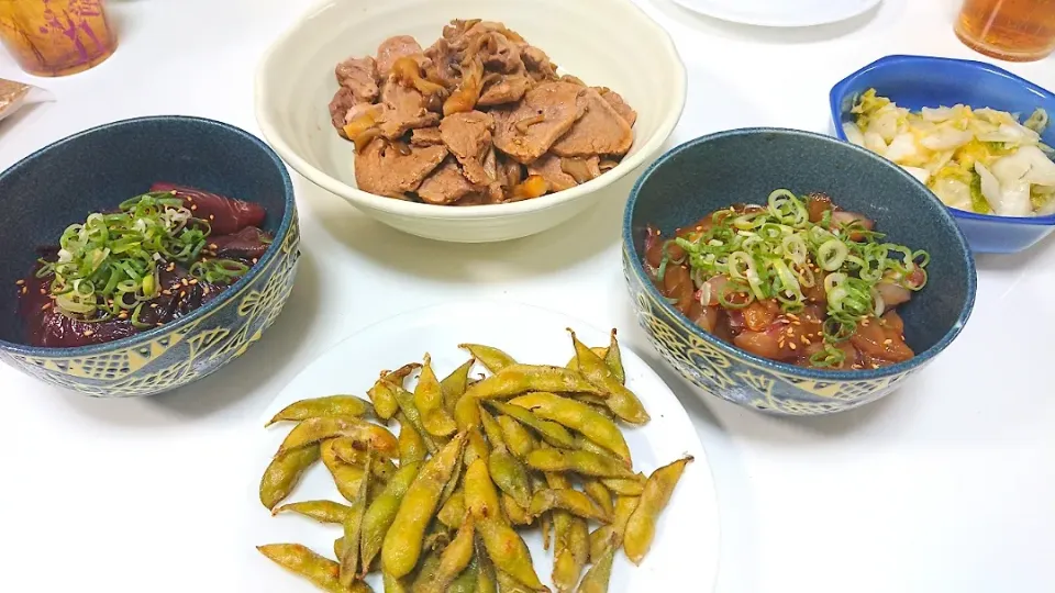 カツオの漬け
ニベの漬け
豚ヒレ肉と舞茸のさっぱり煮
焼き枝豆|ぷるさんさん