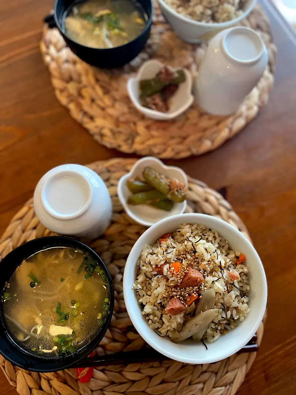 スパムとごぼうの炊き込みご飯、大豆もやしの和風スープ|ＭＡＲＵＥ家の食卓さん