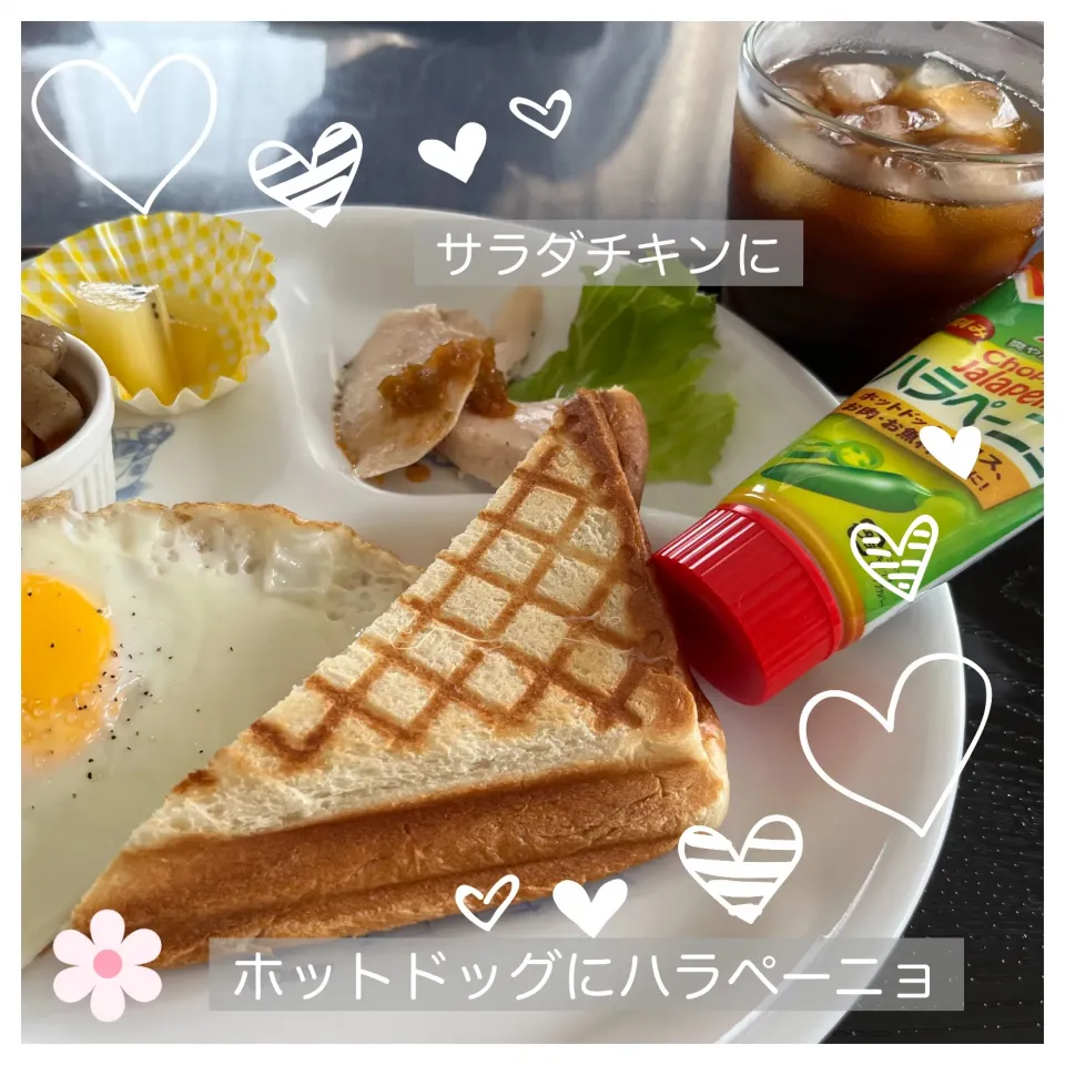 Snapdishの料理写真:ホットドッグ&サラダチキンにハラペーニョ|いのっちさん