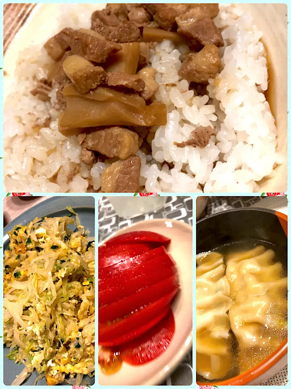 Snapdishの料理写真:ルーロー飯、キャベツ炒め、餃子スープ、トマトサラダ|amiさん