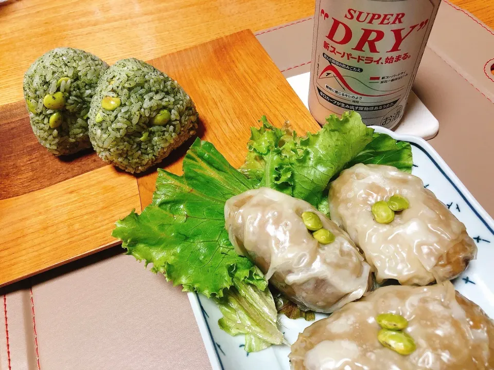 Snapdishの料理写真:とろなすしゅうまい、枝豆バジルおにぎり🍙|naoさん