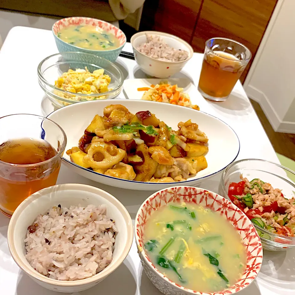 根菜と鶏肉の甘酢炒め献立|ゆきだるまさん