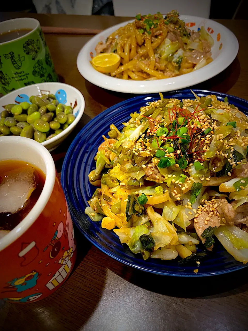 豚肉入り焼きうどん　茶豆　アイスコーヒー|ch＊K*∀o(^^*)♪さん