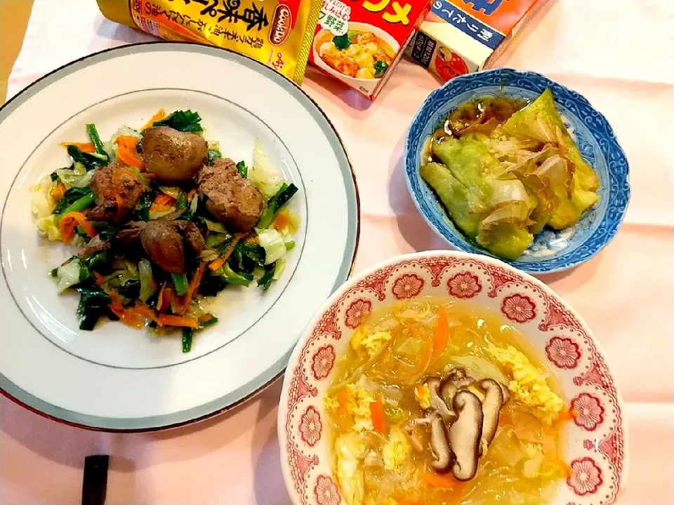 Snapdishの料理写真:翡翠なすの煮浸し【本だし】
野菜スープ【コンソメ】
レバニラ炒め【香味ペースト】|ピロコちゃんさん