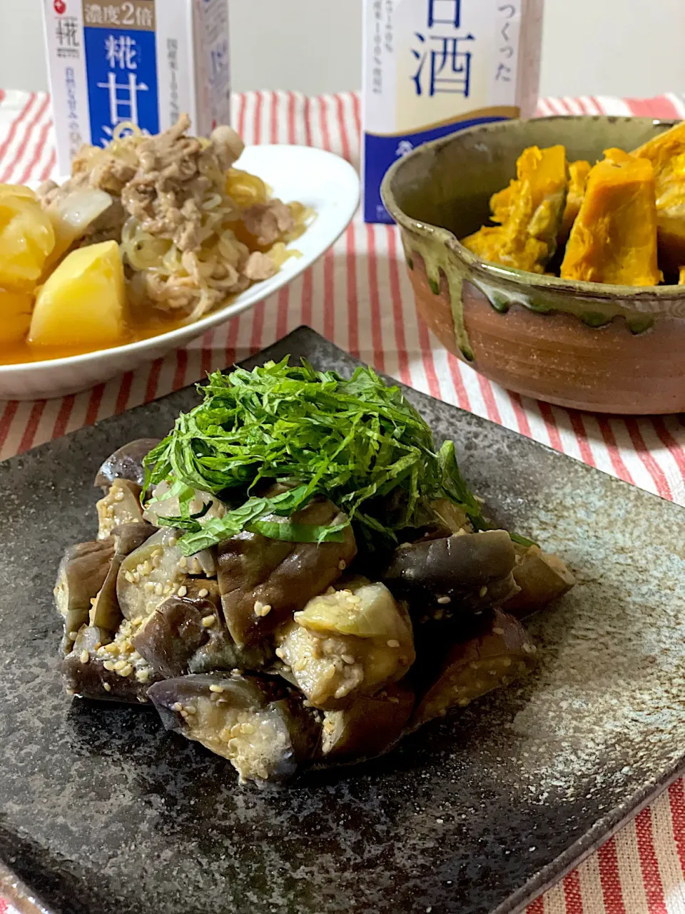 びせんさんの料理 糀甘酒で茄子のゴマ味噌和え🍆and糀甘酒入りかぼちゃ煮物かぼちゃand糀甘酒入り肉じゃが🥔|いっちゃんさん