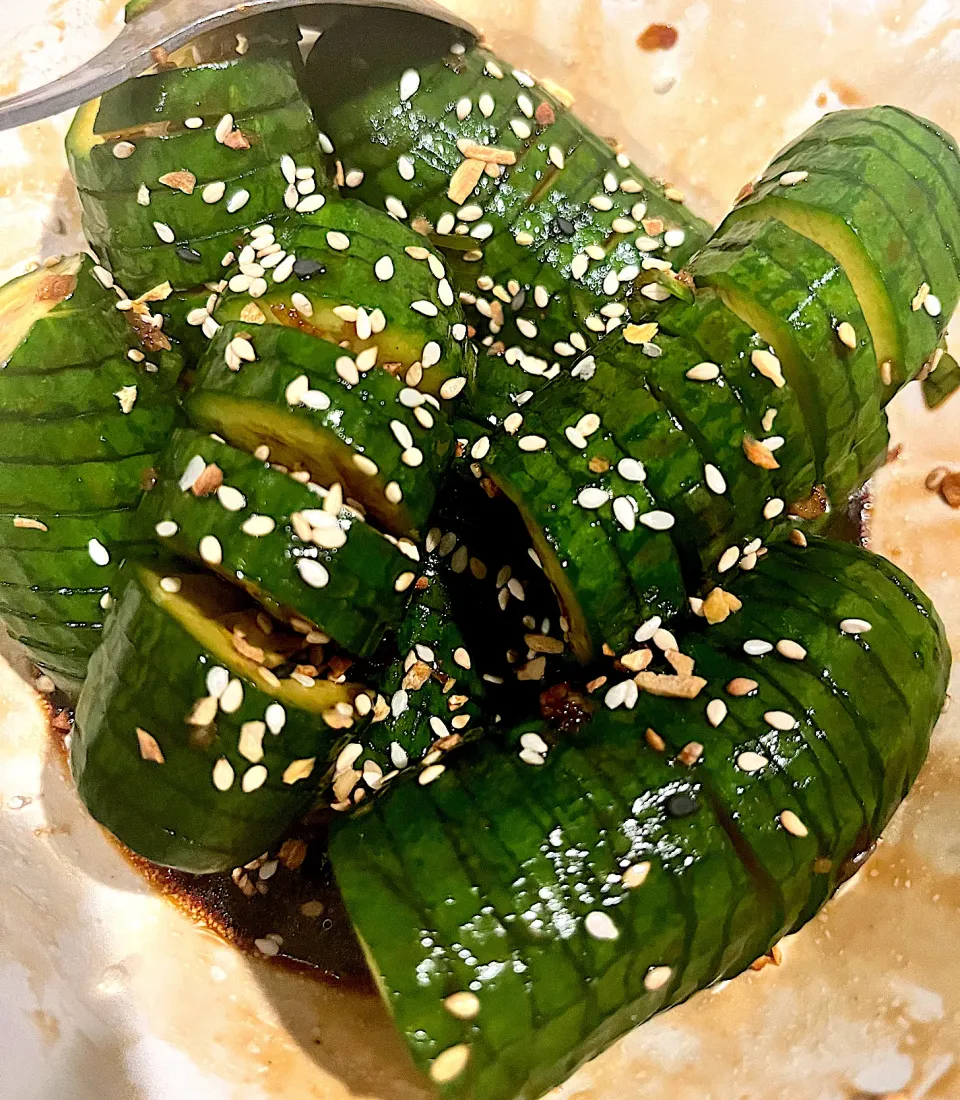 Cucumber salad with sweetsoy dressing and sesame seeds|🌺IAnneさん