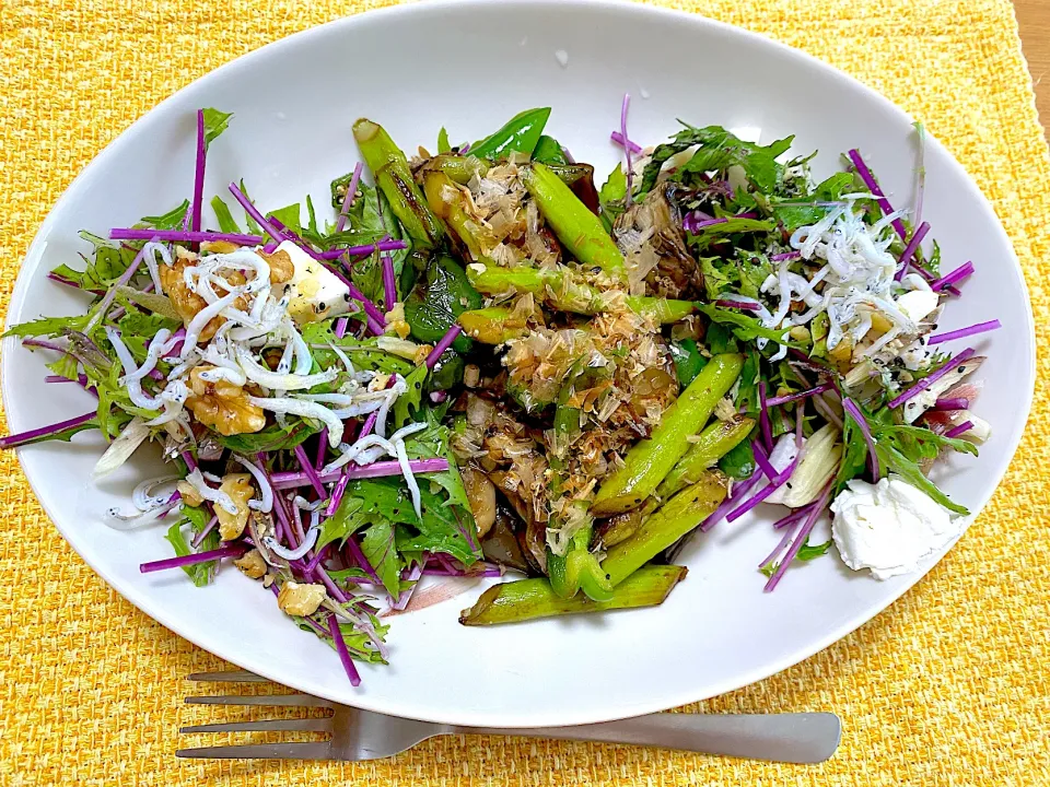 しらすと水菜とカッテージチーズのサラダ🥗、アスパラとナスの炒め🍆|1614さん