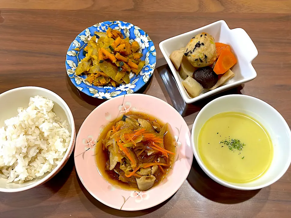 鯖の甘酢あんかけ　さつまいもの冷製ポタージュ　根菜の煮物　かぼちゃとごぼうのきんぴら|おさむん17さん