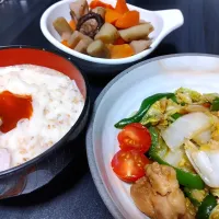 Snapdishの料理写真:豆乳味噌ダレ素麺と野菜炒めと炊合せ|YUUさん