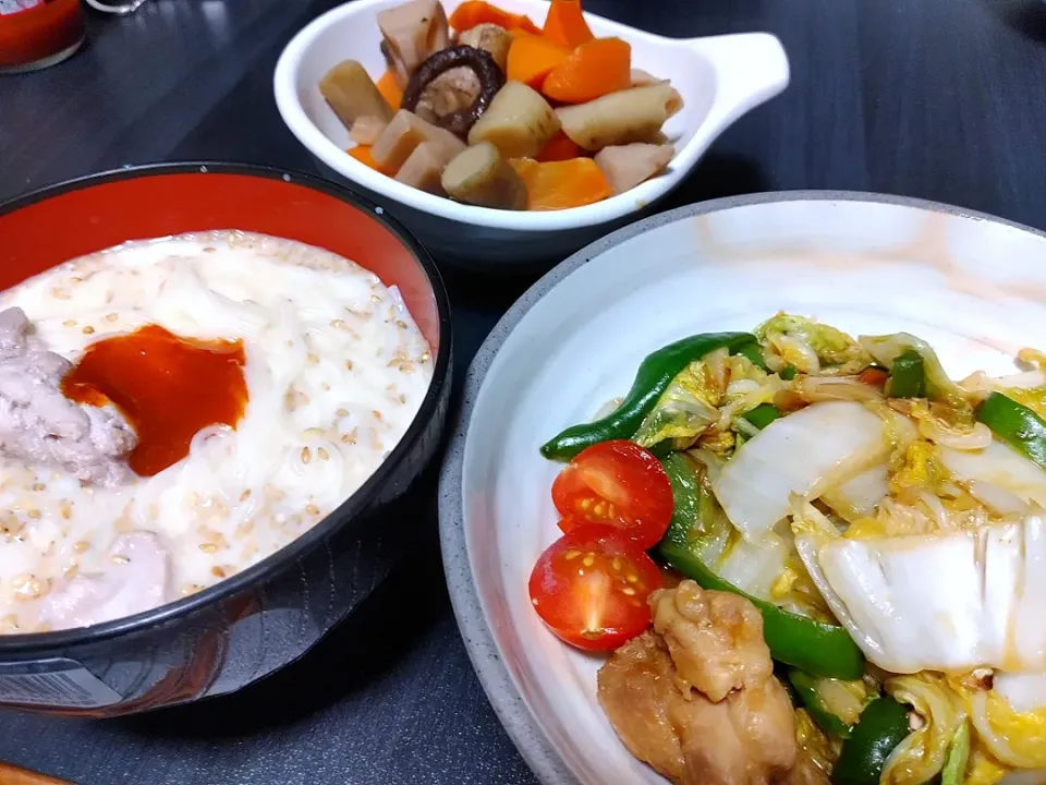 豆乳味噌ダレ素麺と野菜炒めと炊合せ|YUUさん