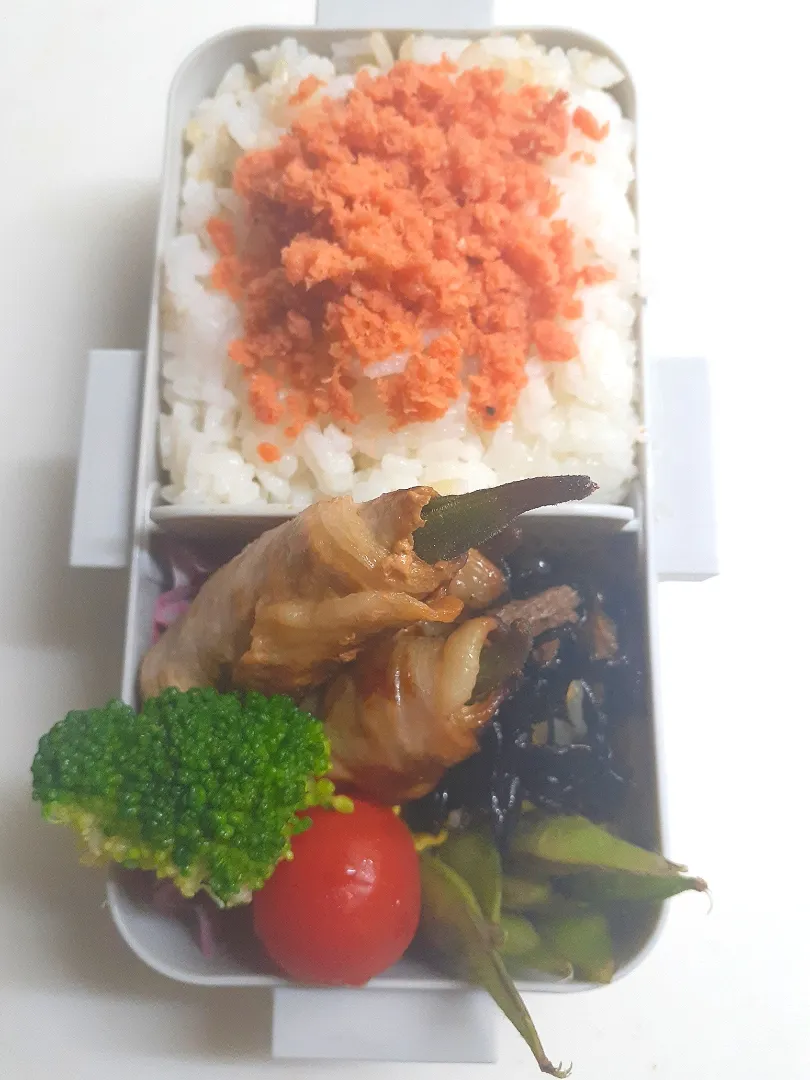 Snapdishの料理写真:☆中学生弁当☆玄米入り鮭ごはん、ひじき煮物、オクラ豚巻き、ブロッコリー、ミニトマト、枝豆|ｼｮｺﾗさん