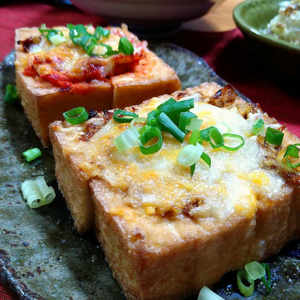 Snapdishの料理写真:厚揚げONチーズの２種のおつまみ|とまと🍅さん