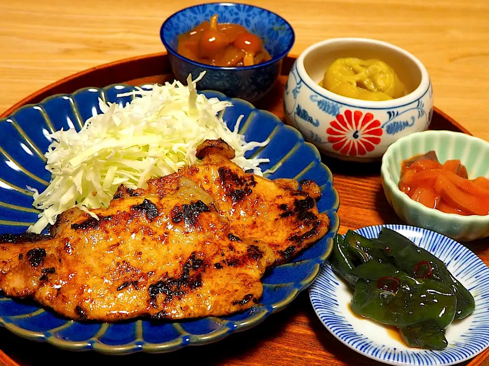 豚ロース柚子味噌焼き、冬瓜となめこの酢味噌、茄子ポン酢、ピーマンのピリ辛炒め煮|いちごさん