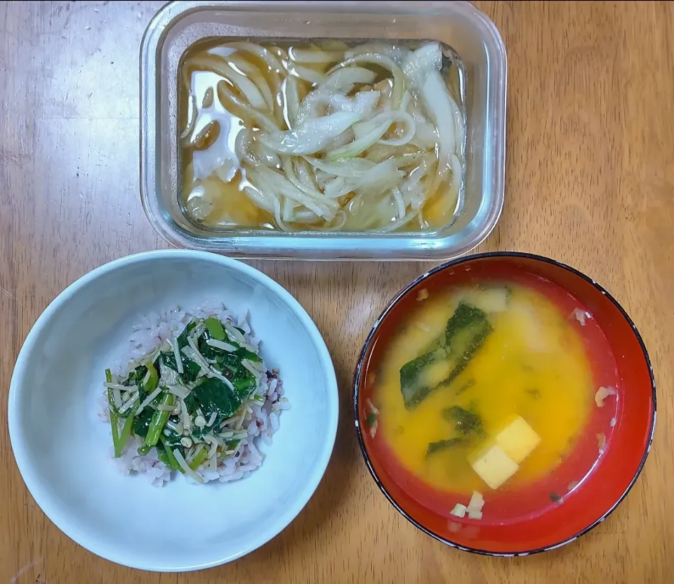 2022 0902　鯵の南蛮　モロヘイヤなめたけ　豆腐と野菜のお味噌汁|いもこ。さん