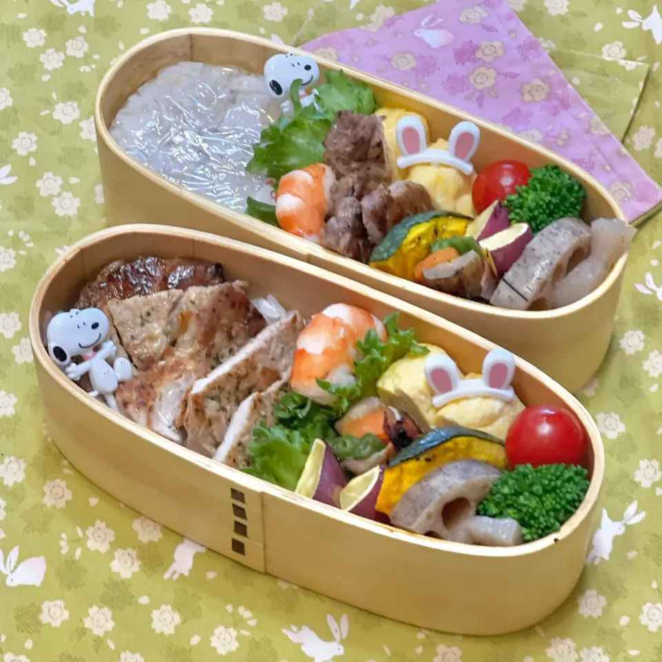 豚ロースソテー☘️の双子ちやんお弁当💙❤️ 9/5月|sweet homeさん