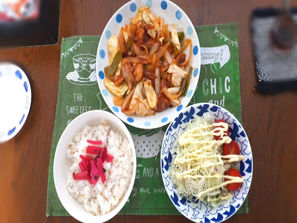 酢豚と紅生姜ご飯、サラダ🥗|夜の海に立ち…さん