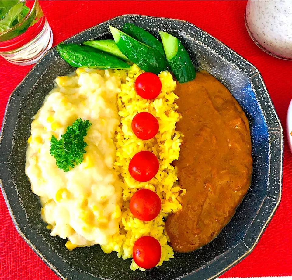 Snapdishの料理写真:スパイスカレー💪ターメリックライス💪コーンシチュー💪^ - ^💖胃袋泥棒笑笑です💦|HAMI69さん