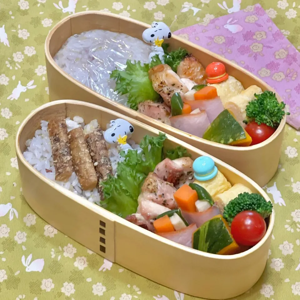 鶏モモハーブグリル☘️の双子ちやんお弁当💙❤️ 9/7水|sweet homeさん