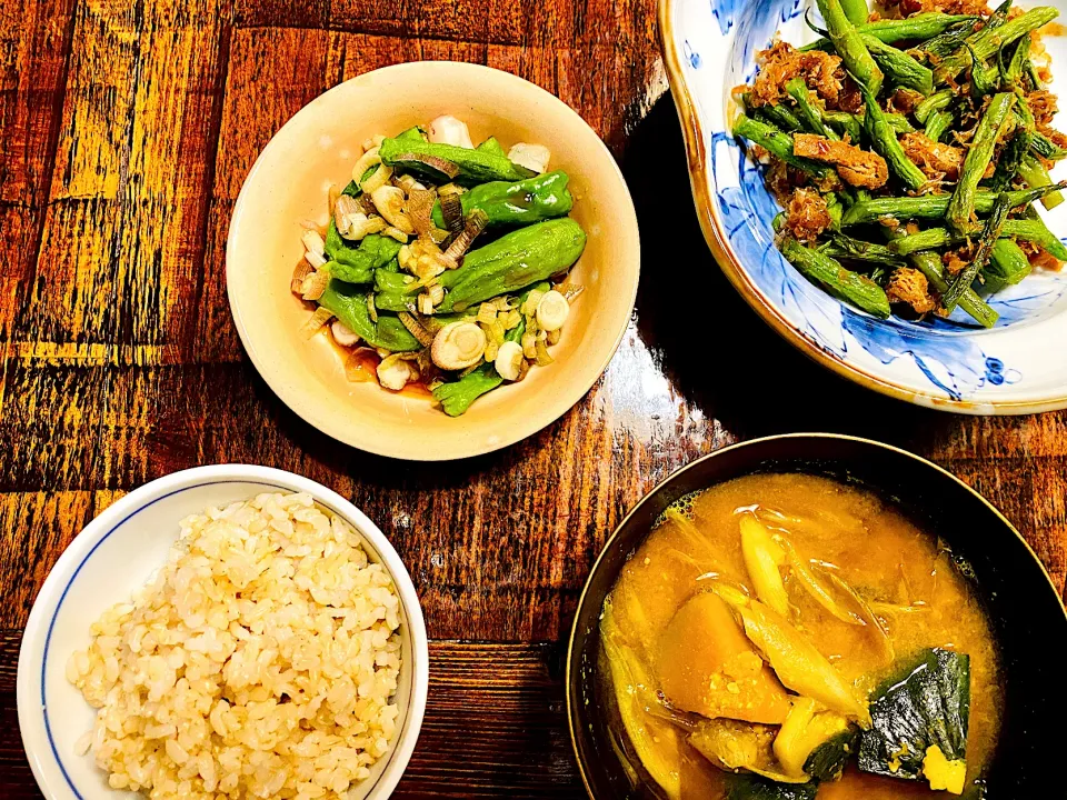 ししとう焼き浸し、ささぎの炒め煮、玄米、南瓜と茗荷のお味噌汁|ＰＩＰＩさん