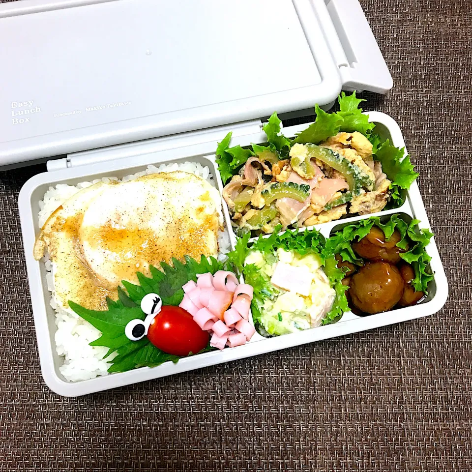 Snapdishの料理写真:SJK弁当🍱〜ゴーヤチャンプルー・ミートボール・ポテトサラダ・花ハム・乗っけ目玉焼き|華恋さん